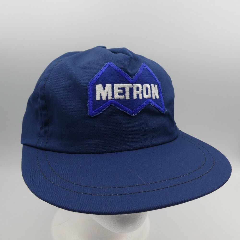 Vintage Metron Navy Blue Trucker Hat Corporate Logo Patch Snapback USA Made